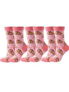 1/3 Pairs Pink Capybara Pattern Socks, Suitable For Daily Wear, Handwash, Cute Design With Anti-Slip And Moisture-Wicking Features - Multicolor - View 5