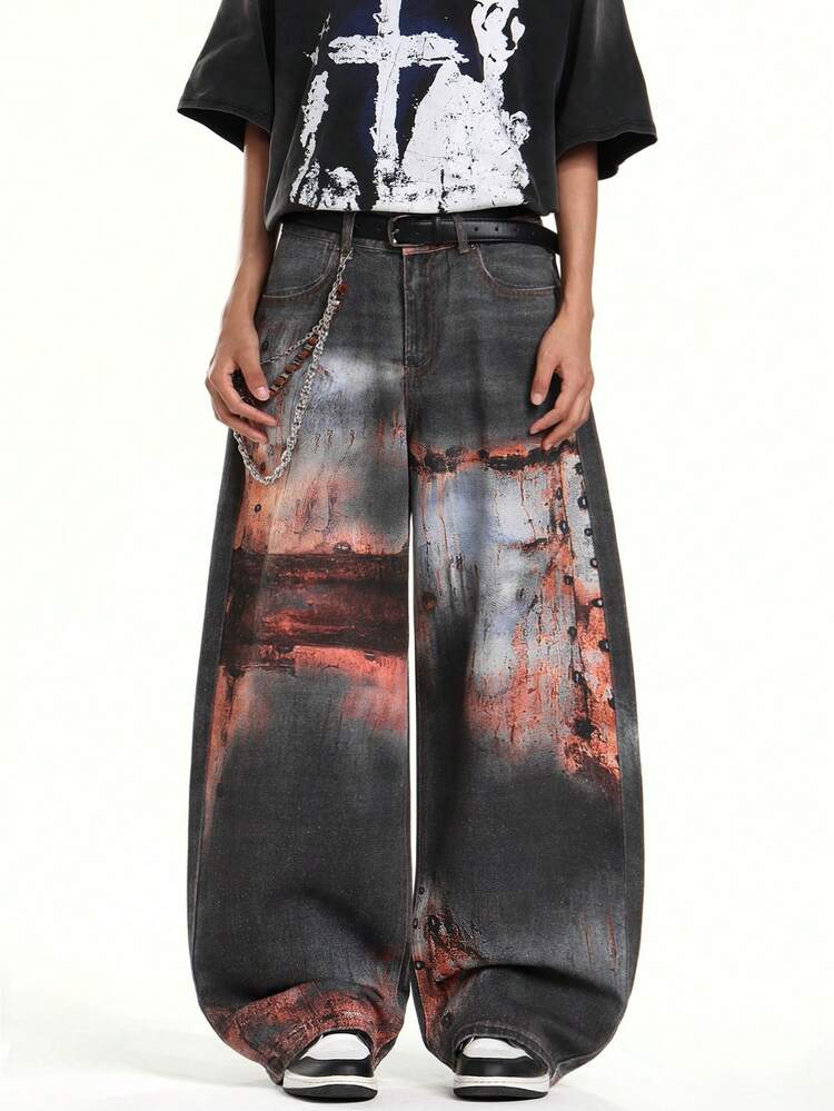 1 Peça Calça Jeans Bege Masculina Personalizada da Marca de Nicho Justice Brother, Calça Larga e Solta de Estilo Casual (Cinto e Acessórios Não Incluídos) - Marrom - Visão 1