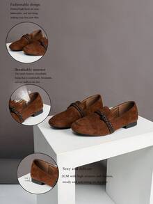 女士时尚编织带圆头低跟平底鞋 - 咖啡棕 - 查看 2