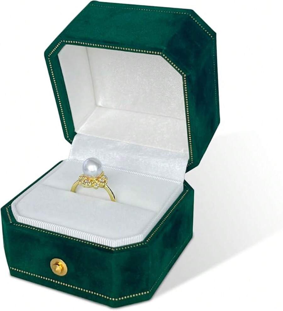 Caja de anillo de terciopelo, caja de anillo azul marino azul profundo para propuesta, compromiso y día de la boda, estuche de anillo individual resistente, caja de regalo de almacenamiento de joyas vintage - Verde esmeralda - Ver 1