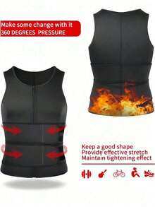 1 pieza Chaleco entrenador de cintura con cremallera de neopreno para hombres, top de tanque de sauna con forma negra, chaleco moldeador para hombres, top de tanque de fitness transpirable con doble cinturón de cintura