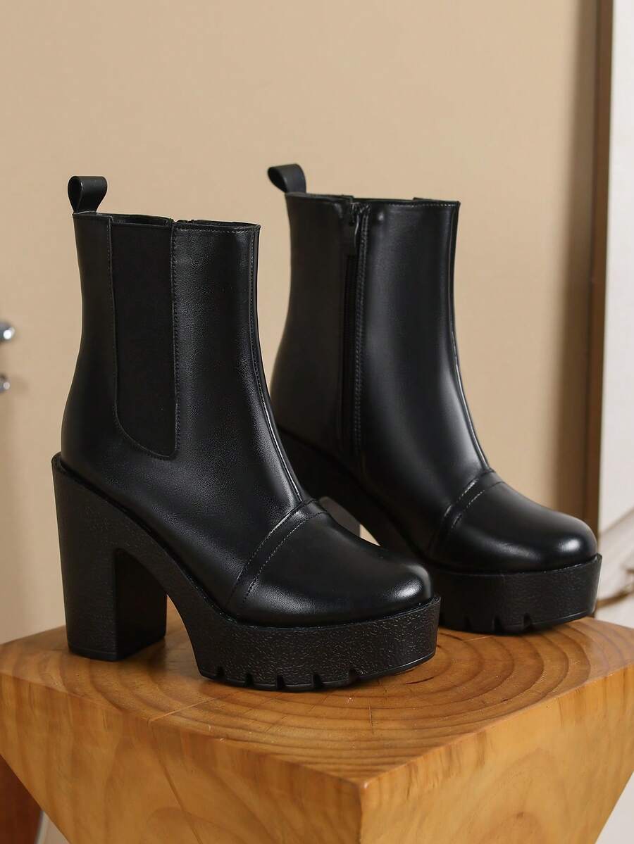 2025 Autumn/Winter New Women's Boots, European And American Fashion Shoes, Thick Heel High Heel Women's Boots, Short Boots, Black, Commuting Zipper High Heel Shoes - Black - View 1