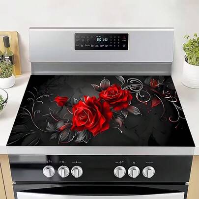 1 pieza Cubierta de electrodoméstico con diseño impreso de rosa roja elegante, superficie resistente a arañazos y fácil de limpiar, adecuada para cocina de gas/horno, decoración del hogar, se ajusta a la cocina, cubierta decorativa para estufa, fácil de limpiar con un paño