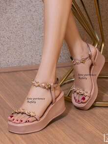 Comfort Sandal Platform Wedge Flat Papete ABS Detail 2 Straps Bohemian Y2K PU Leather Chain Office Party Wedding Home - 裸體 - 查看 6