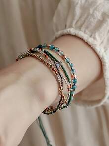 1pc Fashionable Vintage Bohemian Multi-Layer Random Color Glass Beaded Braided Adjustable Bracelet, Suitable For Women Everyday And Holiday Wear
