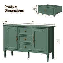 Storage Cabinet With 2 Doors & 3 Drawers, Mid-Century Sideboard Cabinet With Adjustable Shelves, Wood Buffet Cabinet With Turned Legs, Ideal For Entryway, Living Room, Dining Room, Green - 綠色 - 查看 6