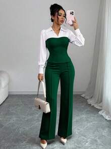 Plus Size Women's New Fashion Striped Patchwork Solid Color Suit, Elegant Casual Patchwork Collar Long Sleeve Pants Two Pieces Set, Suitable For Office And Home