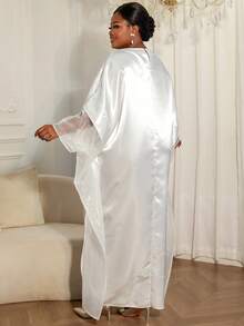 大码女士优雅白色非洲风情宽松亮片缎面欧根纱拼接连衣裙 - 白色 - 查看 3