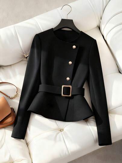 Women's Fashionable Versatile Slimming Elegant Open Front Solid Color Woven Fabric Button-Up Waist Belt Jacket, Suitable For Dates, Holidays, And Everyday Wear, Spring/Autumn