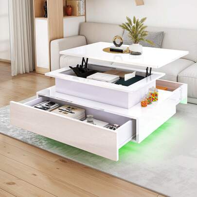 Lift Top Coffee Table, High Glossy With LED Strip, Modern Wooden Rectangle Tea Table With 2 Drawers, White -By GeoTower