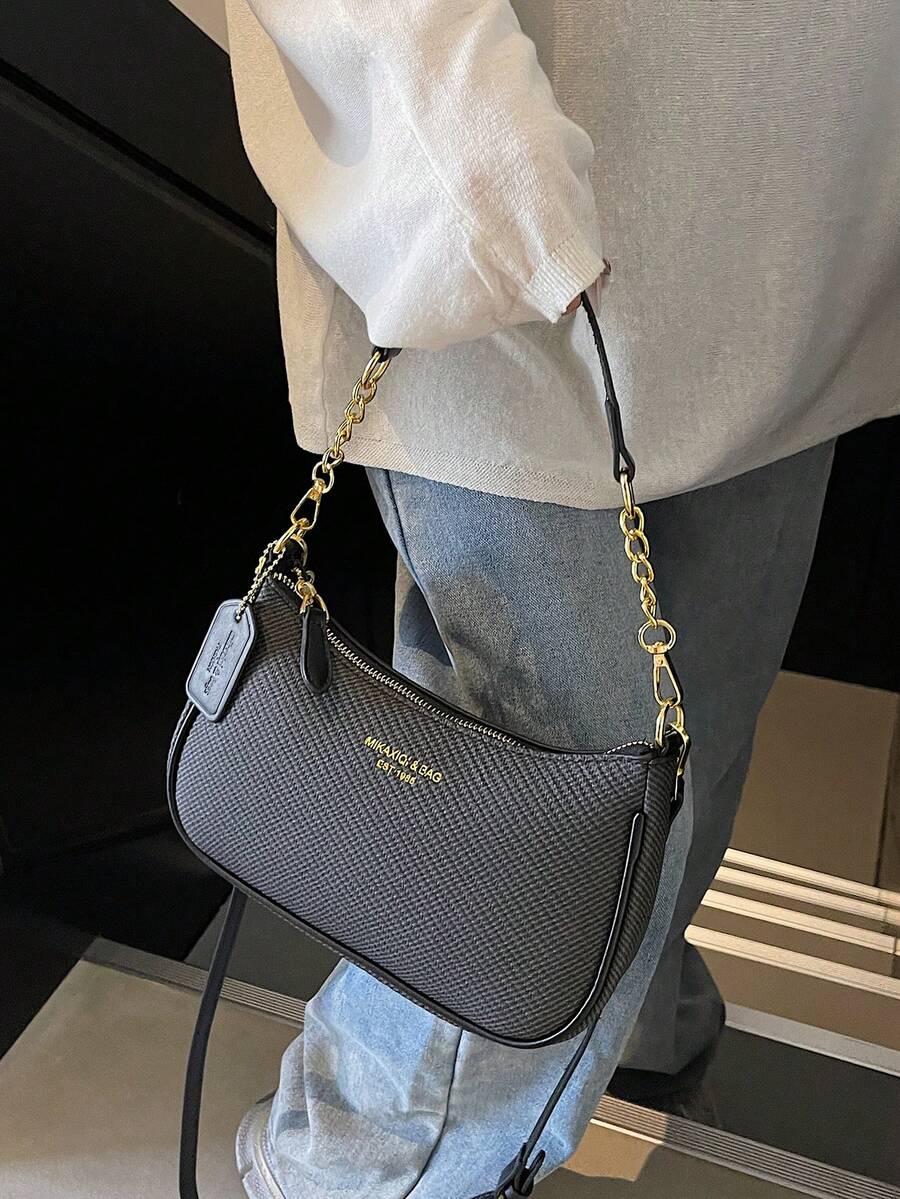 新款时尚优雅纯色PU腋下包,配金属链条手柄,女士单肩包 - 黑色 - 查看 1