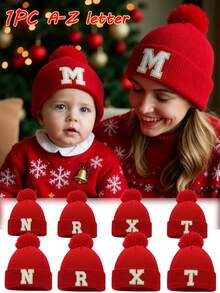 1 件亲子 A-Z 字母针织帽女童帽子儿童无檐帽婴儿配饰儿童帽子弹力学生女孩男孩帽子 - 紅色 - 查看 1