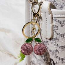 1pc Cute Rhinestone Studded Cherry Keychain, Metal Key Chain Ring Cartoon Gift - Multicolor - View 2