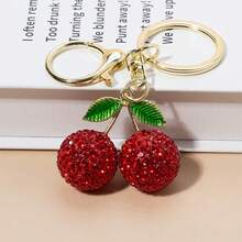 1pc Cute Rhinestone Studded Cherry Keychain, Metal Key Chain Ring Cartoon Gift - Multicolor - View 13