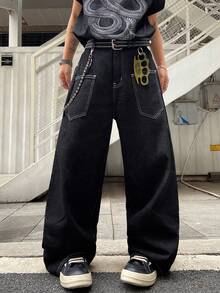 Justice Brother 1pc American Streetwear Brand Personalized Embroidered Men's Black Denim Jeans, All-Season Versatile Wide Leg Loose Long Pants (Belt/Accessories Not Included) - Black - View 3