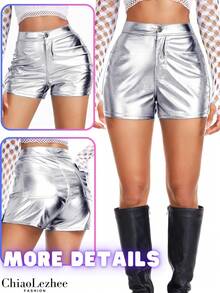 Pantalones cortos tipo culotte, pantalones de rave de piel sintética, pantalones de talle alto de talla grande. Un RAUM para el Día de San Valentín - Plateado - Ver 6
