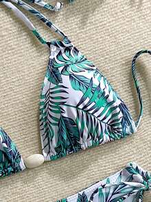 女士休闲露背系带比基尼套装，时尚热带印花两件式泳衣 - 彩色 - 查看 5