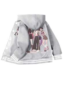 Girls Baseball Jacket Single Piece Witch Squad Print Color Block Varsity Style Fall Winter Sport Coat Casual Fashion - Grey - View 1