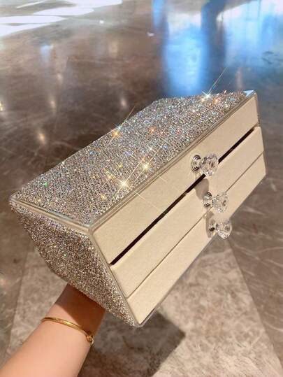 1pc 3-Tier Jewelry Organizer Box, Rhinestone Bling Drawer Storage Case For Earrings, Rings, Necklaces & Bracelets, Sparkling Vanity Desk Dresser Organizer Gift For Women