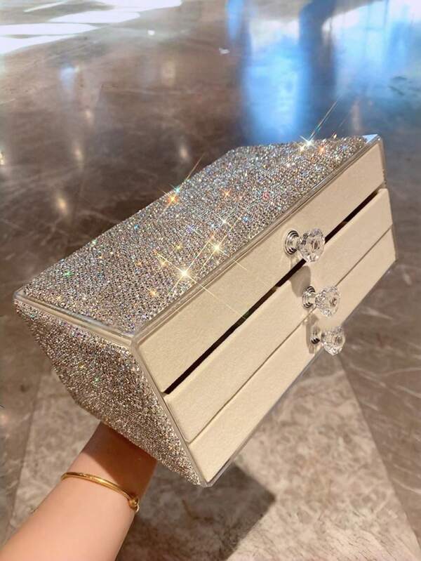 1pc 3-Tier Jewelry Box - Available In Rhinestone Luxury And Transparent Minimalist Designs, Drawer Style To Store Earrings/Rings/Necklaces, Ideal Gift For Birthday/Anniversary/Mother's Day/Valentine's Day, Women's Gift, Christmas Gift