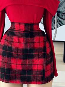 CONJUNTO CUADROS TELA FRANELA CON BLUSA HOMBROS DESCUBIERTOS PARA MUJER - Rojo - Ver 2