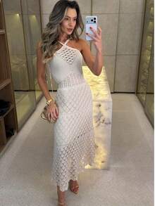 Women's Midi Knit Dress With Lining Elegant Summer Parties Beach Christmas - trắng - Xem 1