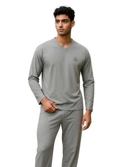 Pijama Masculino Manga Longa de Inverno com Calça Adulto em malha Lisa Premium