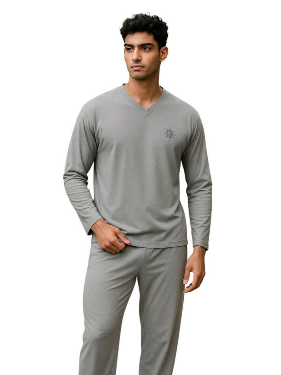 Pijama Masculino Manga Longa de Inverno com Calça Adulto em malha Lisa Premium - Cinza - Visão 1