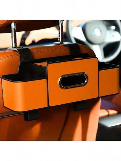 这款多功能汽车座椅靠背储物盒配有纸巾盒、可调节挂钩和双层储物空间，可放置零食/饮料。采用耐用的ABS和优质树脂制成，这款小巧的收纳盒有助于保持您的爱车整洁有序。