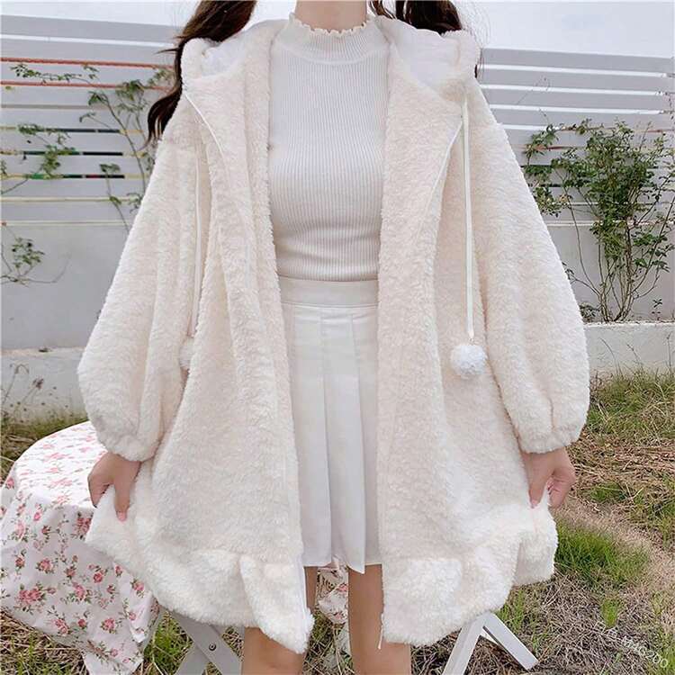 Kawaii Y2K Bunny Ear Hoodies For Women Fleece Lined Fuzzy Rabbit Anime Cosplay Sweatshirt Cute Jacket Coat, Thanksgiving Outfit - 白色 - 查看 6