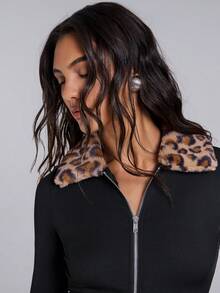 TypaGal 秋冬季摩登时尚新年狂野派对复古优雅性感街头简约女式春秋季豹纹拼接抓绒翻领长袖拉链修身夹克黑色