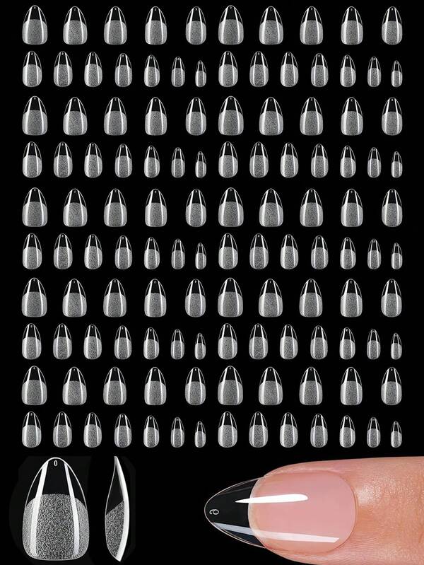 120pcs Short Almond Gel Press-On Nails, Clear Full Cover Pre-Designed Nail Tips, 12 Size Options, Suitable For Women DIY, Nail Salon Use