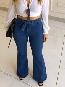 女士纯色松紧腰喇叭牛仔裤，秋冬休闲装 - 深色水洗藍 - 查看 7