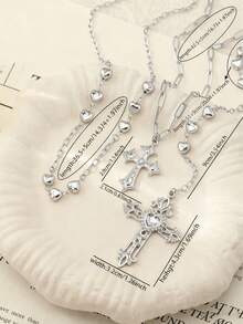 1pc Silver Heart Chain Cross Pendant Necklace, Y-Shaped Layered Cross Jewelry Set - Silver - View 3