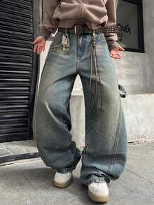 1件复古做旧拼接刺绣阔腿牛仔裤，宽松舒适休闲街头风男士长裤，适合所有季节（不含腰带和配饰） - 藍色 - 查看 3