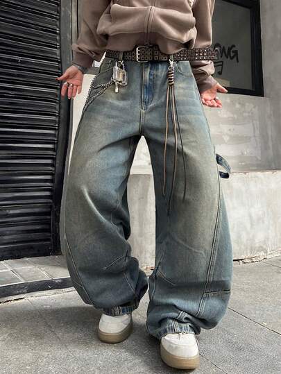 1件复古做旧拼接刺绣阔腿牛仔裤，宽松舒适休闲街头风男士长裤，适合所有季节（不含腰带和配饰）