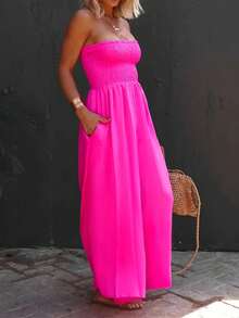 Womens Strapless Smocked Wide Leg Jumpsuit Sleeveless Casual Summer Chiffon Romper With Pockets - Màu Hồng Tươi - Xem 1