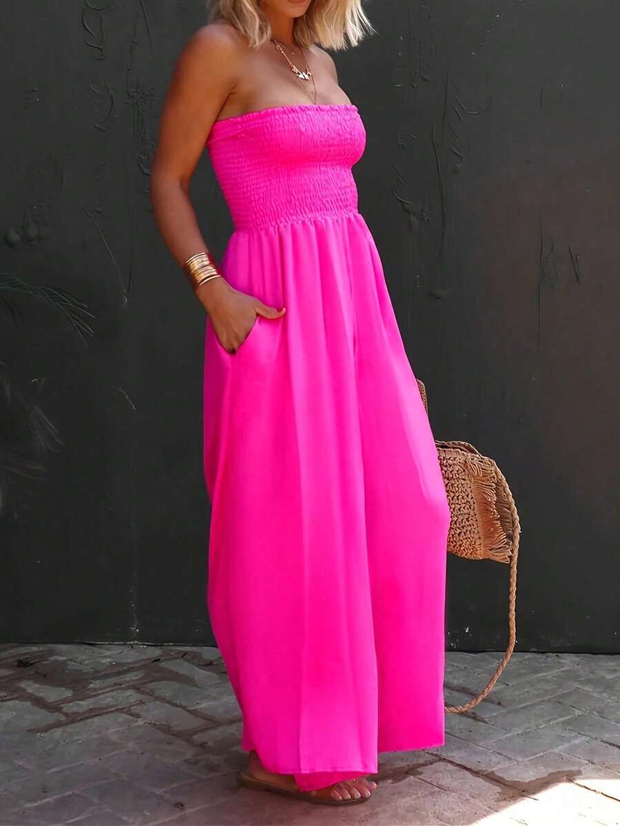 Womens Strapless Smocked Wide Leg Jumpsuit Sleeveless Casual Summer Chiffon Romper With Pockets - Màu Hồng Tươi - Xem 1