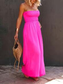 Womens Strapless Smocked Wide Leg Jumpsuit Sleeveless Casual Summer Chiffon Romper With Pockets - Màu Hồng Tươi - Xem 2