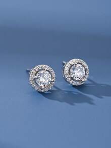 1 对复古 S925 纯银闪亮单颗锆石简约耳钉，高品质女士生日礼物，全新设计 - 圓形-1 - 查看 1