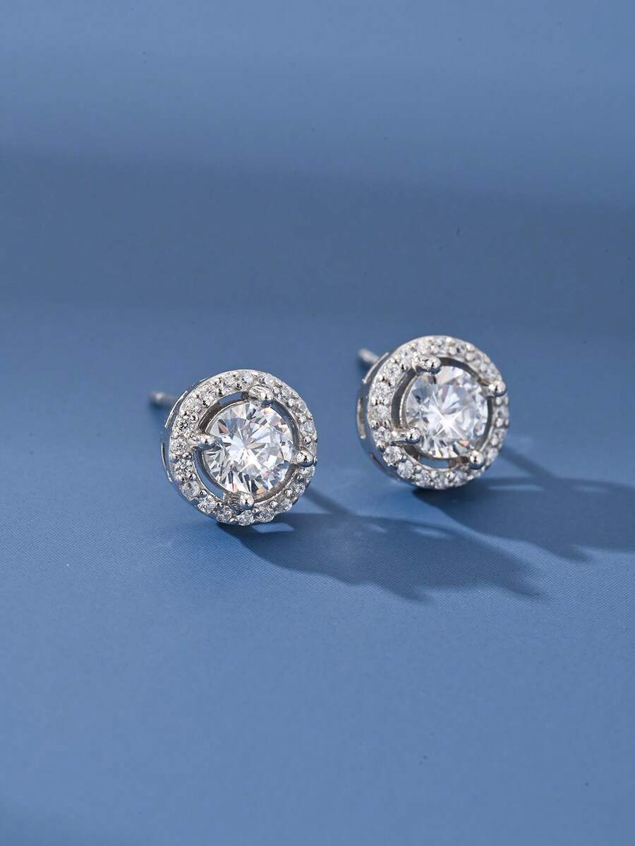 1 对复古 S925 纯银闪亮单颗锆石简约耳钉，高品质女士生日礼物，全新设计 - 圓形-1 - 查看 1