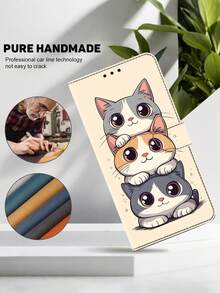 GLANDOTU PU皮革钱包式手机壳，可爱猫咪压纹图案，磁吸式闭合，支架功能，卡槽设计，适用于三星Galaxy、苹果、红米等设备。 - 彩色 - 查看 4
