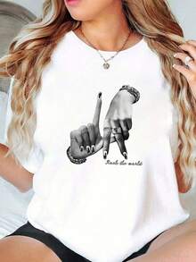 Plus Size Women Casual Gesture Print Short Sleeve T-Shirt - White - View 11