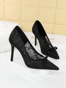 Women's Pointed Toe Lace Mesh Sequin Bow High Heel Pumps, European And American Style Party Dress Shoes,Stiletto Heels - Black - View 4