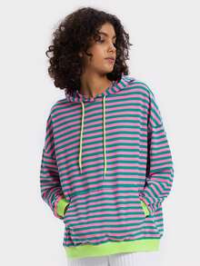 VUTRU 1件经典复古女式运动卫衣撞色条纹休闲家居服及慢跑上衣 - 粉色 - 查看 7