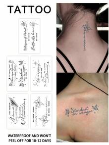 5Pcs Fake Tattoo Temporary Tattoos Semi Permanent Tattoo Floral Letter English Y2K Waterproof Sweatproof Last For 1-2 Weeks Realistic Herbal Juice Anti-Friction Non-Reflective Black For Woman And Men Tattoo Stickers For Arm, Chest, Leg, Abdomen, Waist, Finger, Neck, Spine, Modernist Body Art