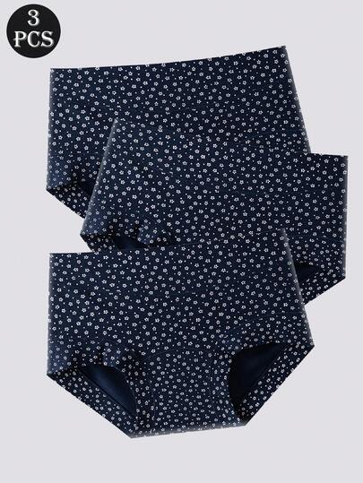 3pcs/Pack Cotton Snowflake Print Women's Briefs, Soft & Comfortable Underwear, Plus Size, Seamless