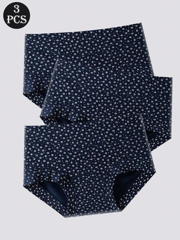 3 piezas/paquete Bragas de mujer con estampado de copos de nieve de algodón, ropa interior suave y cómoda, talla grande, sin costuras