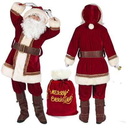 Santa Claus Costume For Men Adults Deluxe Santa Suit 10PCS Red Christmas Outfit Xmas Holiday Cosplay Set