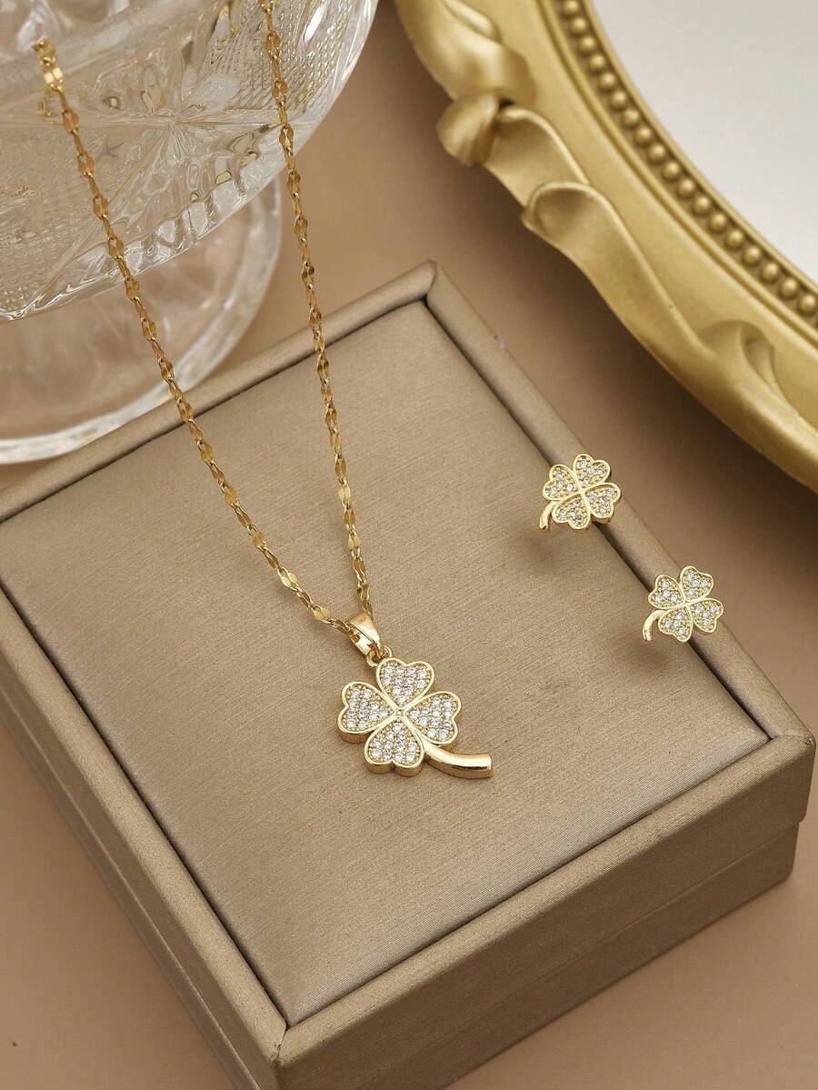 1pc Stainless Steel Clover Rhinestone Necklace, 1 Pair Stainless Steel Clover Rhinestone Earrings, Women Jewelry Set, Women Accessories, Gift For Her, Girlfriend, Wife, Party